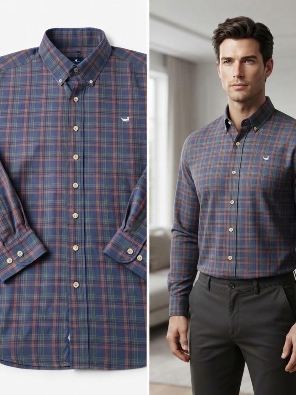 Southern Marsh Men's Plaid Button-Down Shirt - Navy with Green & Rust Medium
